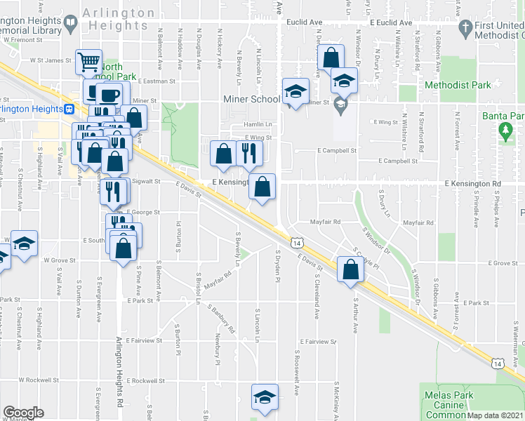 map of restaurants, bars, coffee shops, grocery stores, and more near 980 Northwest Highway in Arlington Heights