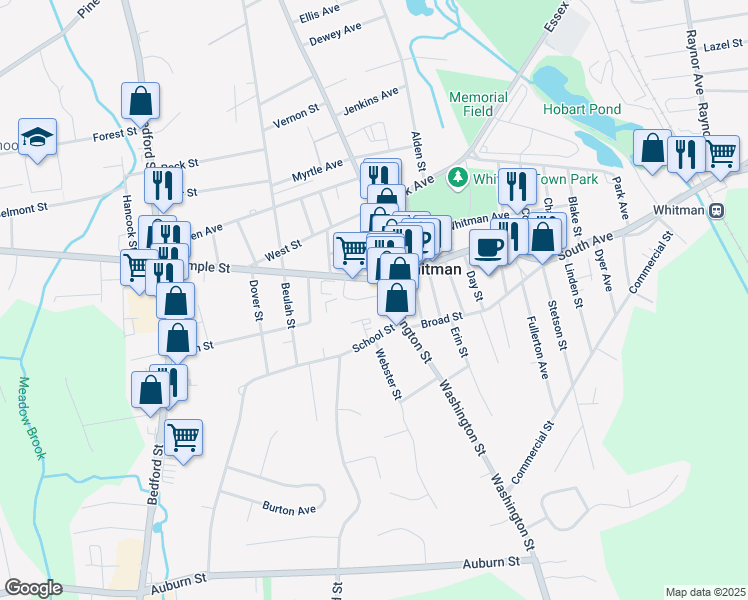 map of restaurants, bars, coffee shops, grocery stores, and more near 22 Legion Parkway in Whitman
