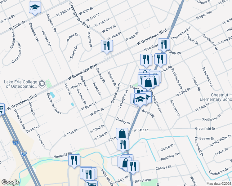 map of restaurants, bars, coffee shops, grocery stores, and more near 4902 Greenwood Street in Erie