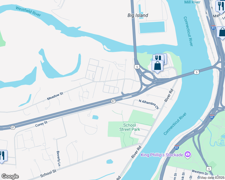 map of restaurants, bars, coffee shops, grocery stores, and more near 418 Meadow Street in Agawam