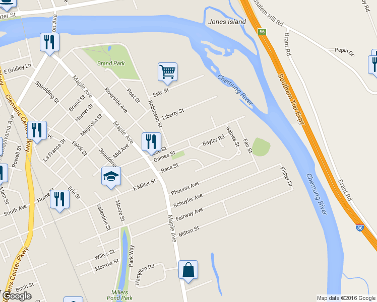 map of restaurants, bars, coffee shops, grocery stores, and more near 502 Gaines St in Elmira