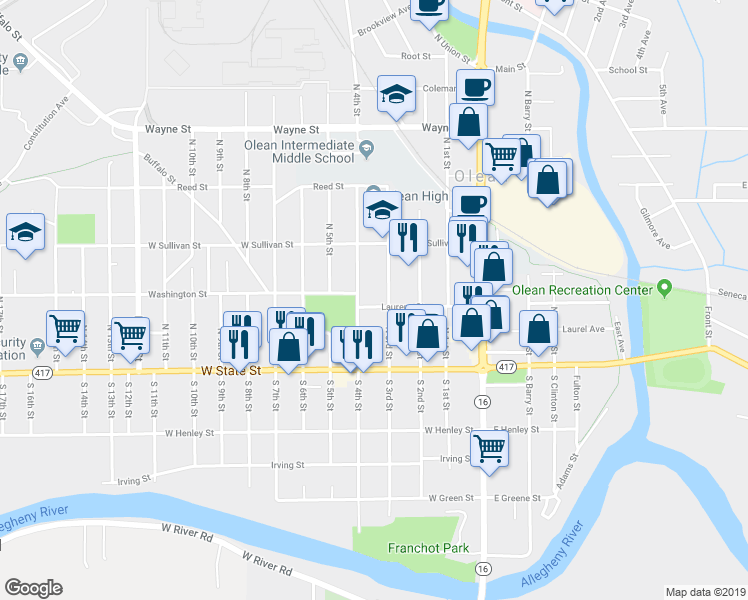 map of restaurants, bars, coffee shops, grocery stores, and more near 408 Laurens Street in Olean