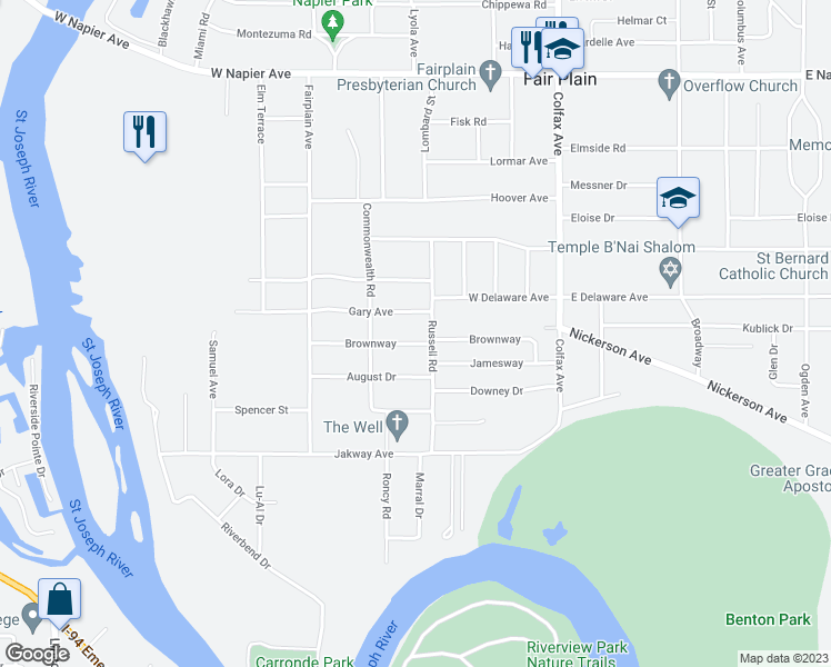 map of restaurants, bars, coffee shops, grocery stores, and more near 335 Brownway in Benton Harbor