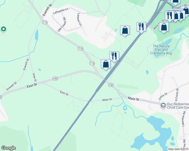 map of restaurants, bars, coffee shops, grocery stores, and more near 36 Pierce Street in Foxborough