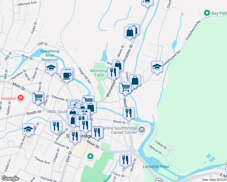 map of restaurants, bars, coffee shops, grocery stores, and more near 33 Thomas Street in Southbridge