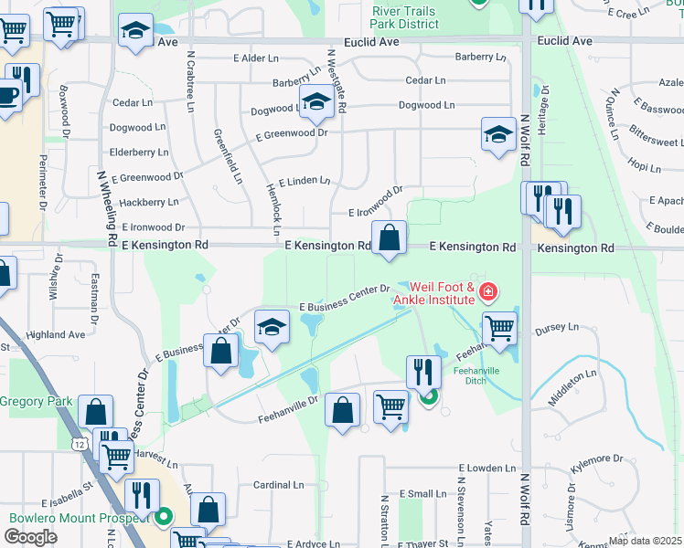 map of restaurants, bars, coffee shops, grocery stores, and more near 1200 East Business Center Drive in Mount Prospect