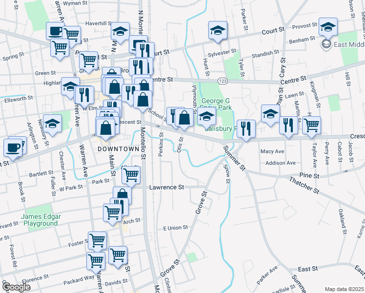 map of restaurants, bars, coffee shops, grocery stores, and more near 211 Crescent Street in Brockton