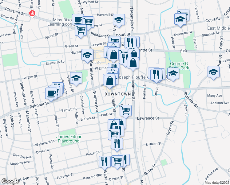 map of restaurants, bars, coffee shops, grocery stores, and more near in Brockton