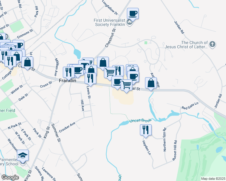 map of restaurants, bars, coffee shops, grocery stores, and more near 345 East Central Street in Franklin