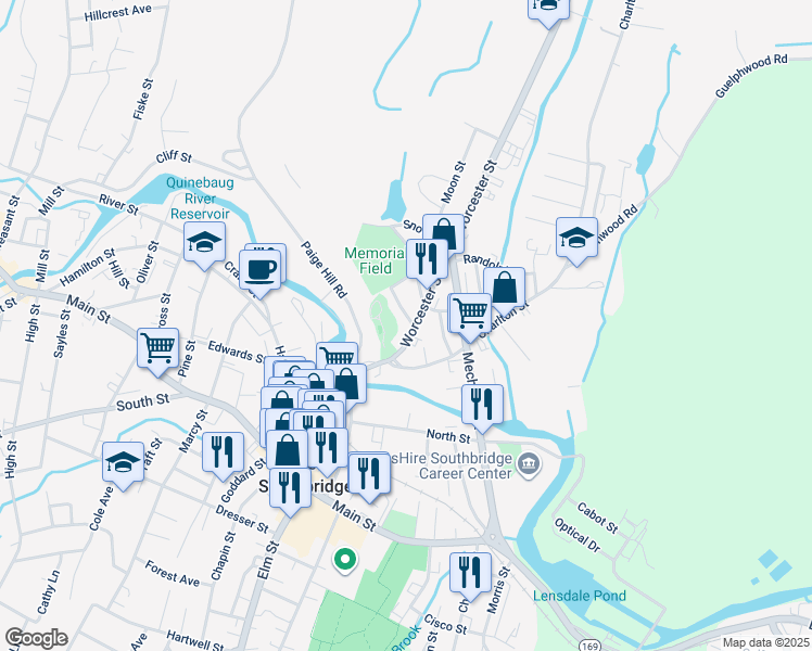 map of restaurants, bars, coffee shops, grocery stores, and more near 38-42 Worcester Street in Southbridge