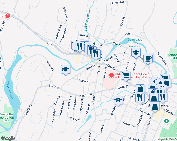 map of restaurants, bars, coffee shops, grocery stores, and more near 63 West Street in Southbridge