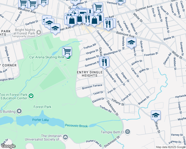 map of restaurants, bars, coffee shops, grocery stores, and more near 60 Olmsted Drive in Springfield