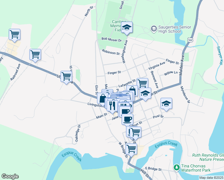map of restaurants, bars, coffee shops, grocery stores, and more near 101 Market Street in Saugerties