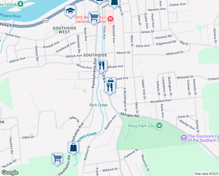 map of restaurants, bars, coffee shops, grocery stores, and more near in Binghamton