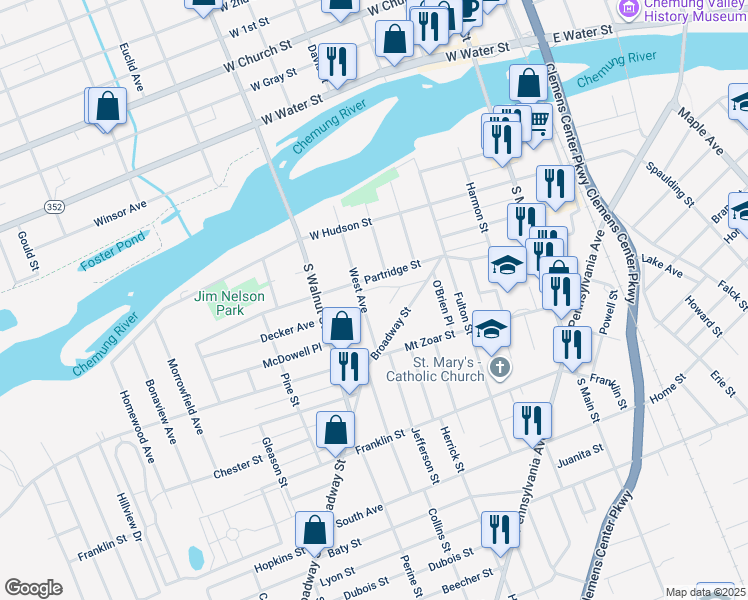 map of restaurants, bars, coffee shops, grocery stores, and more near 310 West Avenue in Elmira