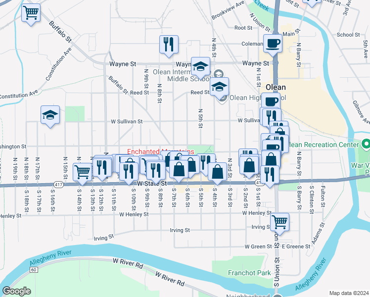 map of restaurants, bars, coffee shops, grocery stores, and more near 149 North 6th Street in Olean