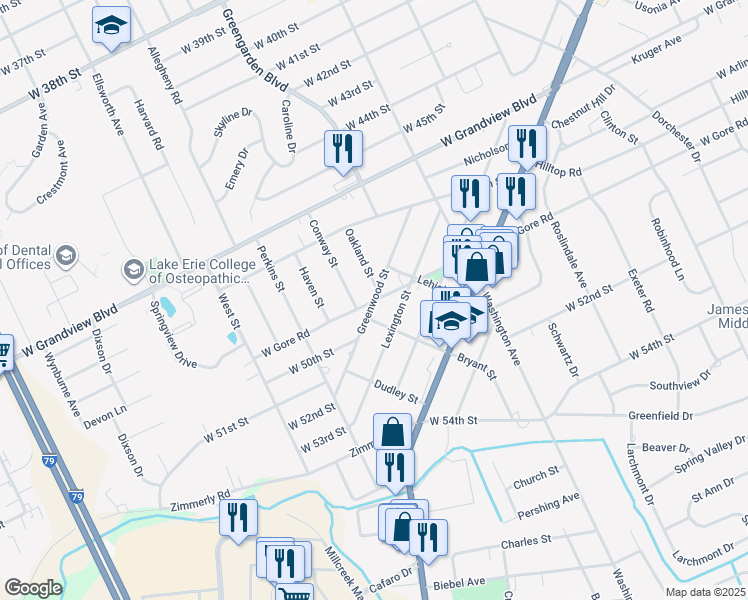 map of restaurants, bars, coffee shops, grocery stores, and more near 4902 Greenwood Street in Erie