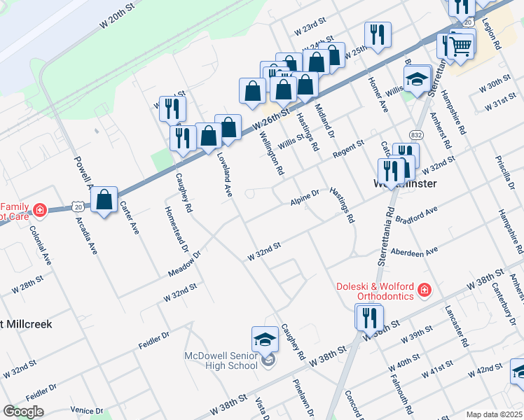 map of restaurants, bars, coffee shops, grocery stores, and more near 3453-3461 Pond View Drive in Erie