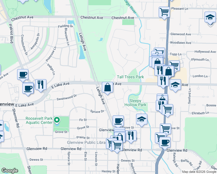 map of restaurants, bars, coffee shops, grocery stores, and more near 1340 Greenwillow Lane in Glenview