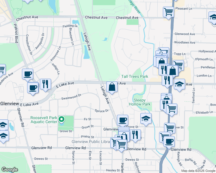 map of restaurants, bars, coffee shops, grocery stores, and more near 1340 Greenwillow Lane in Glenview