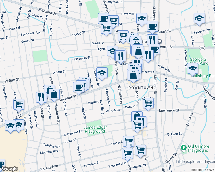 map of restaurants, bars, coffee shops, grocery stores, and more near 135 Belmont Street in Brockton