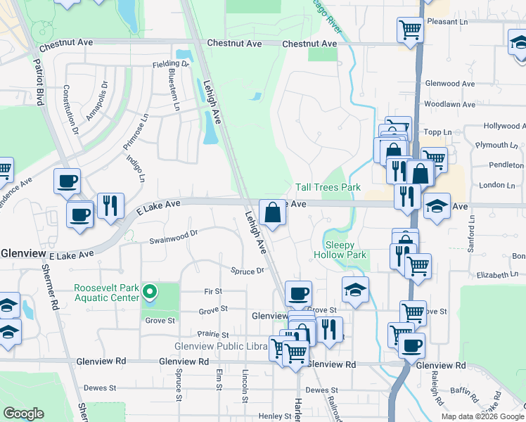 map of restaurants, bars, coffee shops, grocery stores, and more near 1340 Greenwillow Lane in Glenview