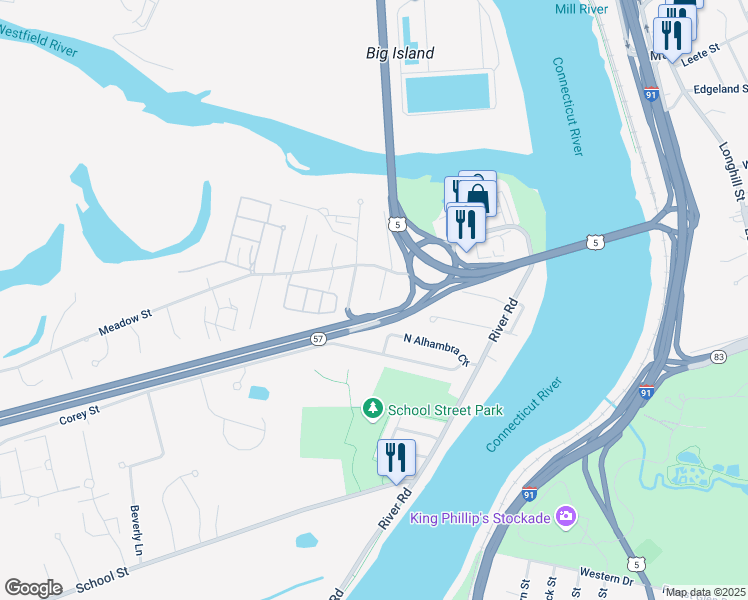 map of restaurants, bars, coffee shops, grocery stores, and more near 36 Ellison Avenue in Agawam