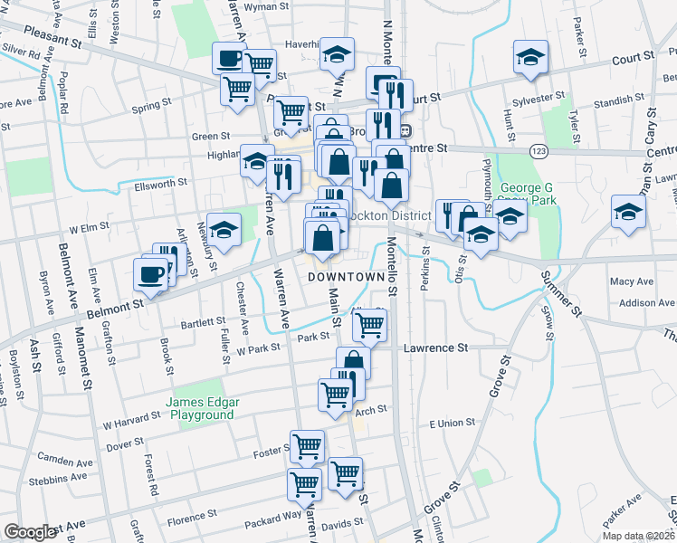 map of restaurants, bars, coffee shops, grocery stores, and more near in Brockton