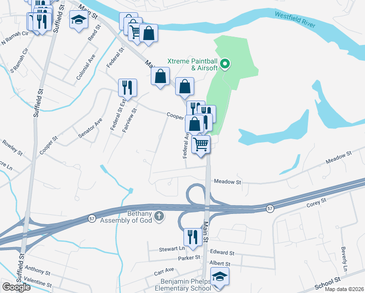 map of restaurants, bars, coffee shops, grocery stores, and more near 49 Federal Avenue in Agawam