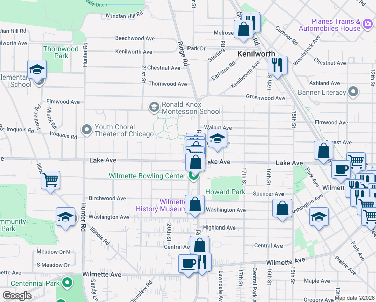 map of restaurants, bars, coffee shops, grocery stores, and more near 917 Ridge Road in Wilmette