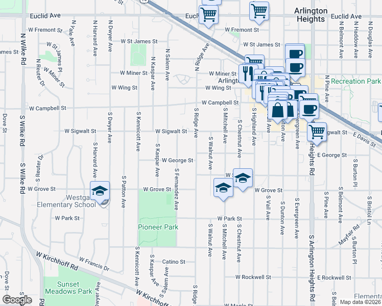 map of restaurants, bars, coffee shops, grocery stores, and more near 515 West George Street in Arlington Heights