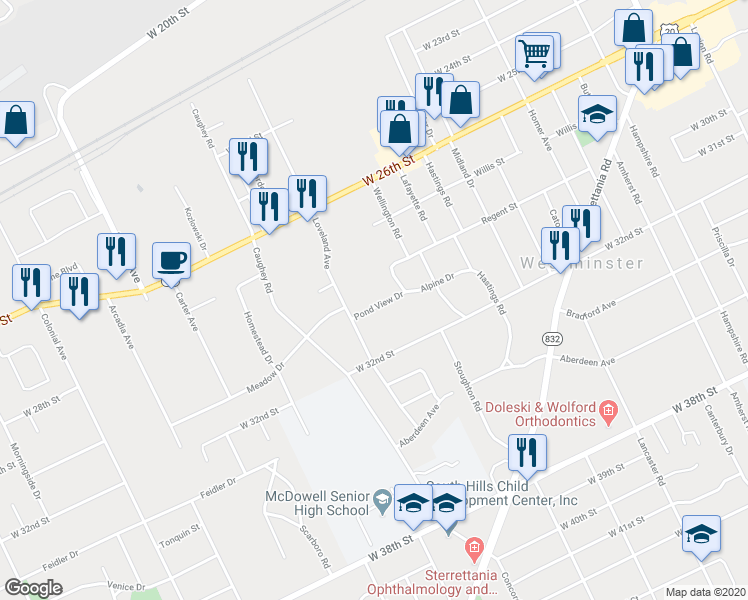 map of restaurants, bars, coffee shops, grocery stores, and more near 3453-3461 Pond View Drive in Erie