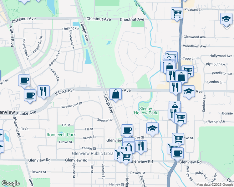 map of restaurants, bars, coffee shops, grocery stores, and more near 1340 Greenwillow Lane in Glenview