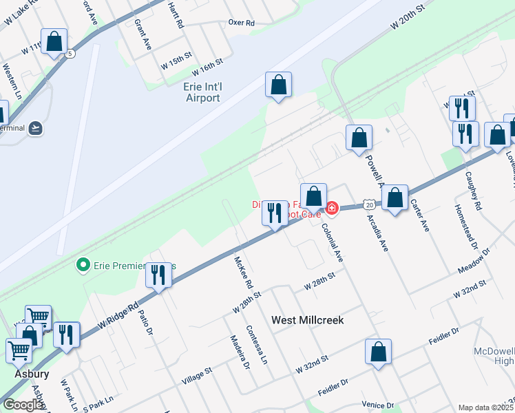 map of restaurants, bars, coffee shops, grocery stores, and more near 4126 W Ridge Rd in Erie