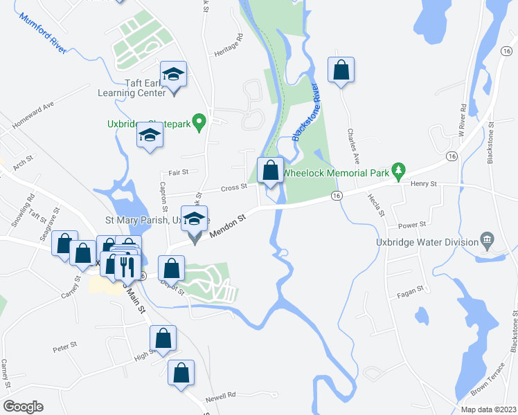 map of restaurants, bars, coffee shops, grocery stores, and more near 2 Cross Street in Uxbridge
