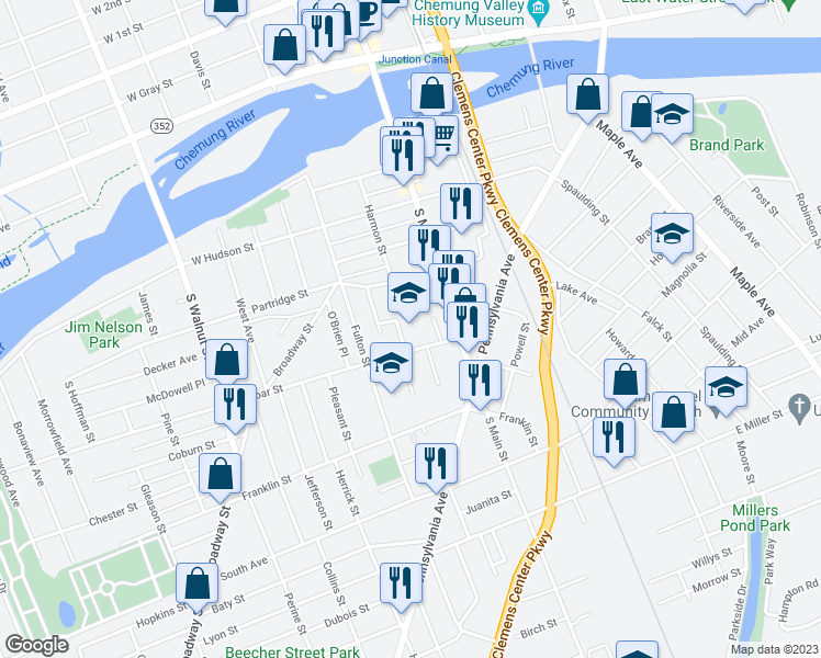 map of restaurants, bars, coffee shops, grocery stores, and more near 216 Mount Zoar Street in Elmira