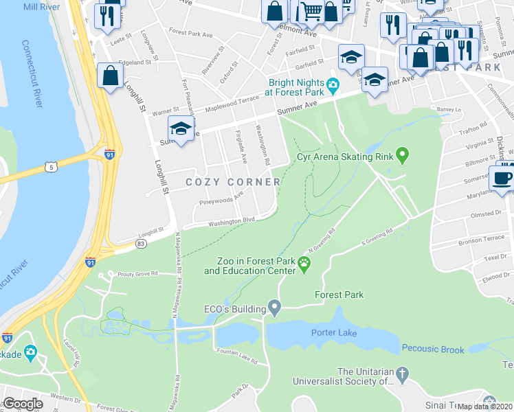 map of restaurants, bars, coffee shops, grocery stores, and more near 134 Firglade Avenue in Springfield