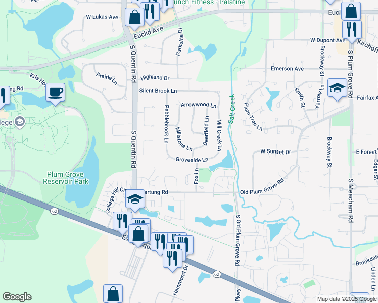 map of restaurants, bars, coffee shops, grocery stores, and more near 5502 Groveside Lane in Rolling Meadows
