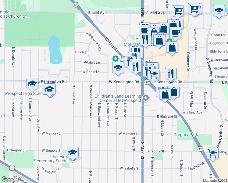 map of restaurants, bars, coffee shops, grocery stores, and more near 704 North Russel Street in Mount Prospect