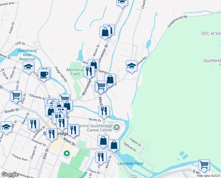 map of restaurants, bars, coffee shops, grocery stores, and more near 122 Charlton Street in Southbridge