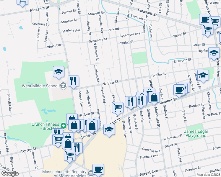 map of restaurants, bars, coffee shops, grocery stores, and more near 20 Doris Avenue in Brockton