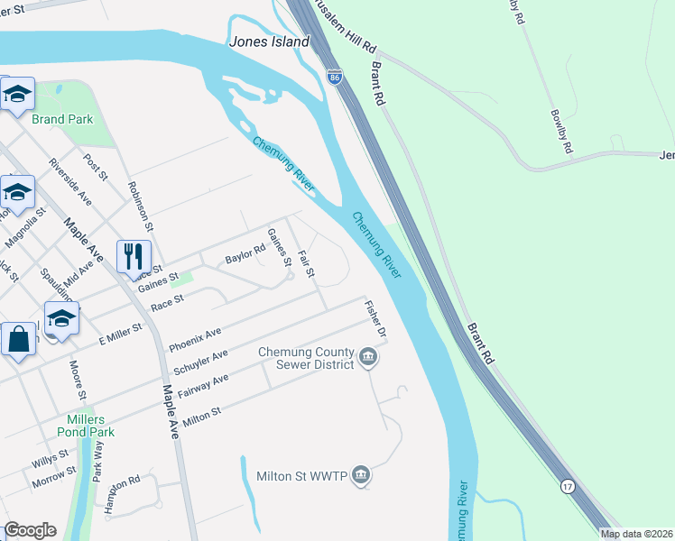 map of restaurants, bars, coffee shops, grocery stores, and more near 550 Fair St in Elmira