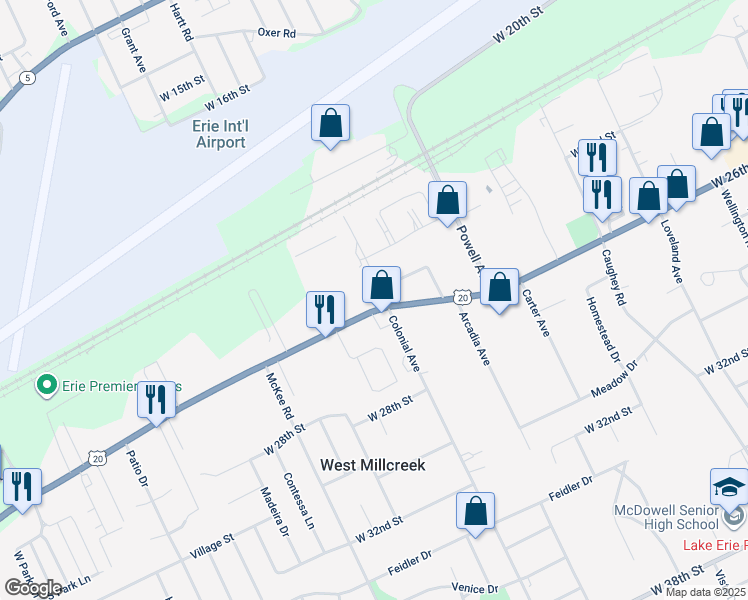 map of restaurants, bars, coffee shops, grocery stores, and more near 4006 W Ridge Rd in Erie
