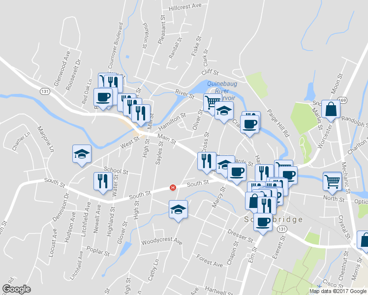 map of restaurants, bars, coffee shops, grocery stores, and more near 632 Main Street in Southbridge