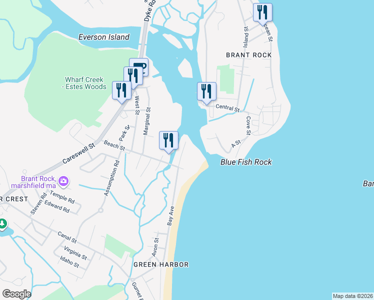 map of restaurants, bars, coffee shops, grocery stores, and more near 222 Bay Avenue in Marshfield
