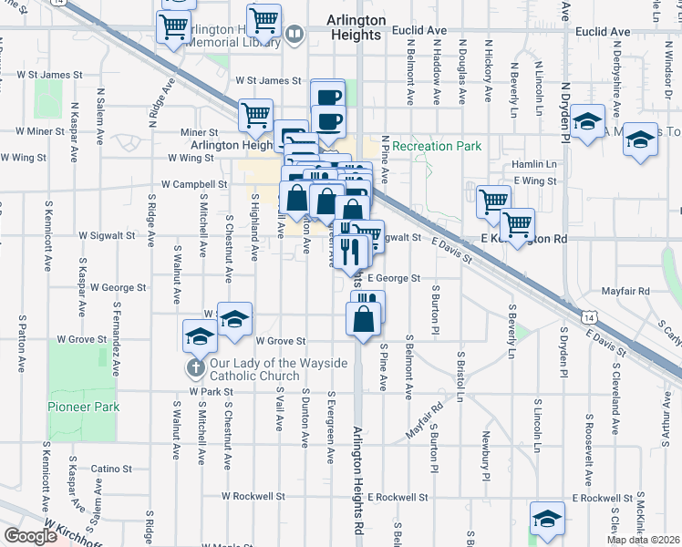 map of restaurants, bars, coffee shops, grocery stores, and more near 208 South Arlington Heights Road in Arlington Heights