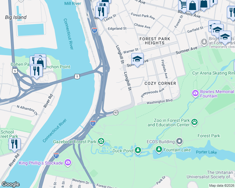 map of restaurants, bars, coffee shops, grocery stores, and more near 54 Buena Vista Plaza in Springfield