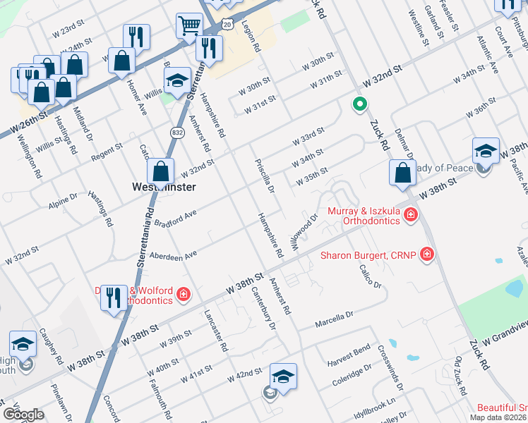 map of restaurants, bars, coffee shops, grocery stores, and more near 2901-2999 Aberdeen Ave in Erie