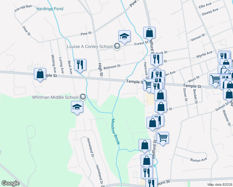 map of restaurants, bars, coffee shops, grocery stores, and more near 418 Temple Street in Whitman