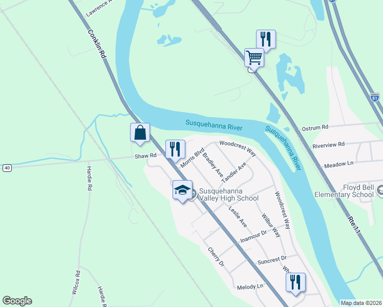 map of restaurants, bars, coffee shops, grocery stores, and more near 9 Morris Boulevard in Conklin